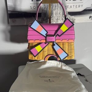 Kate Spade Putt Putt Windmill Pink and Yellow Wicker Satchel